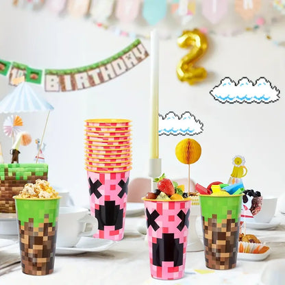 PIXEL - Set of 4 Party Cups - 16 oz | Perfect for Minecraft Fans & Fun for Parties!!