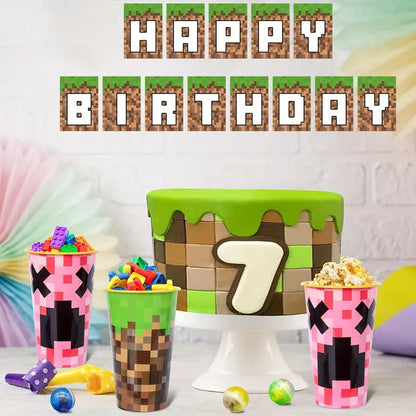 PIXEL - Set of 4 Party Cups - 16 oz | Perfect for Minecraft Fans & Fun for Parties!!