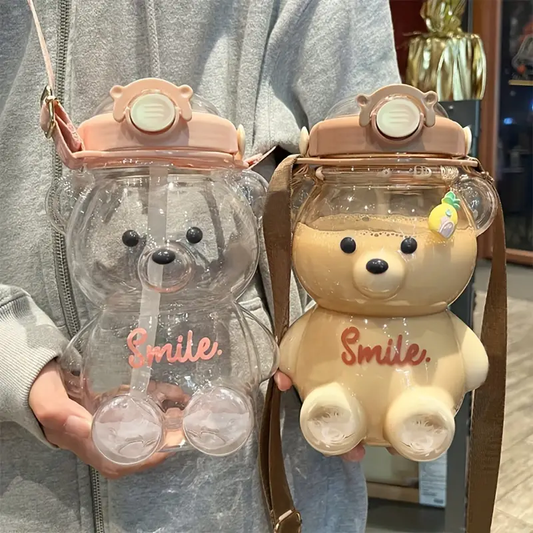 BEAR BOTTLE - Cute 34oz/1000ml Water Bottle with Straw, Large Capacity for Milk Tea & More