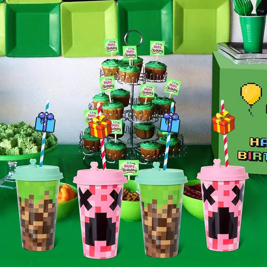 PIXEL - Set of 4 Party Cups - 16 oz | Perfect for Minecraft Fans & Fun for Parties!!